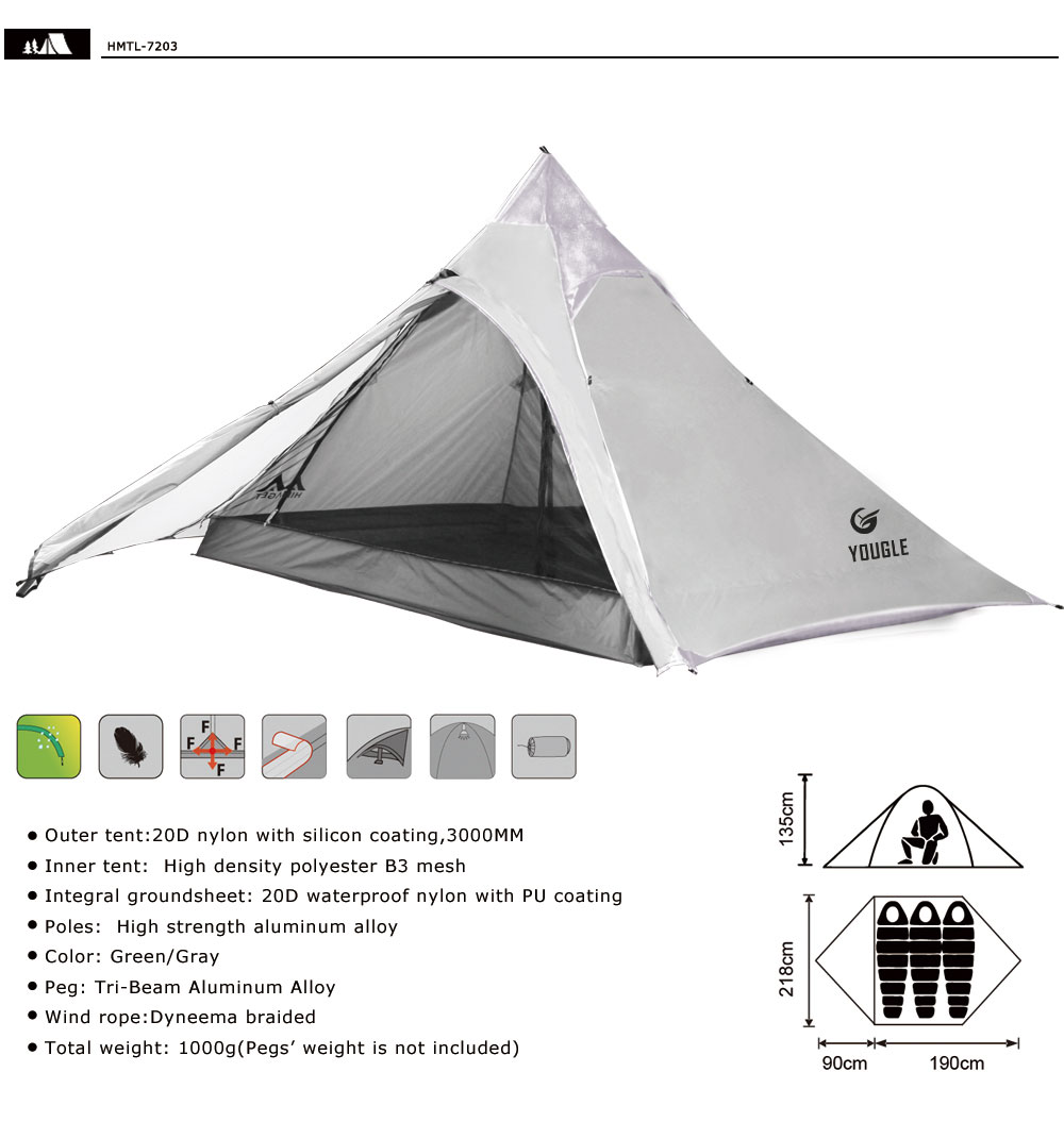 Cheap Goat Tents YOUGLE 20D Double Layer Ultralight Waterproof Three Person Backpacking Tent For Travelling Camping Hiking Tents 